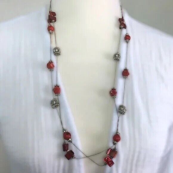 Silver Tone Beaded Rope Necklace 61” Long Chain Rhinestones Shell Beads Plastic - Picture 2 of 9